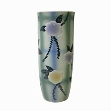 Artistic Flower Blue Green Checker Cross Porcelain Tall Slim Round Vase ws3513 picture