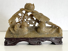 Vintage Intricate Hand Carved Chinese Soapstone Ducks and Lotus Flower Sculpture picture
