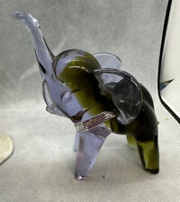 4 1/2” Vintage Murano Art Glass trunk up Elephant paperweight Purple Green picture