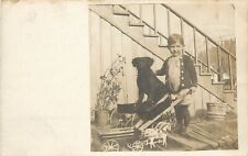 c1907 RPPC Little Boy & His Black Dog in Wagon, with Some of His Toys, Unposted picture