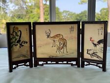 ANTIQUE MINI SCREEN TABLE 3 PANELS PAINTING ON TILE SIGN BOTH SIDES WOOD FRAME picture
