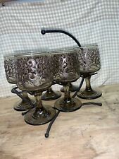 Libbey 6 Wine/Cordial Glasses Swirl Brown Prado Tawny Smoke Vintage With Holder picture