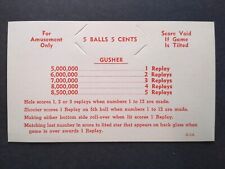 Gusher Pinball Game Original Instruction Replay Value Card NOS 1958 #1 Vintage picture