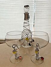 Beautiful Dary Rees glass wine decanter and 2 glasses w decorative beads, wires picture