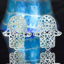 Hamsa Hand Earring Pair Carved Mother-of-Pearl Shell Filigree Cut Work 1.98 g picture