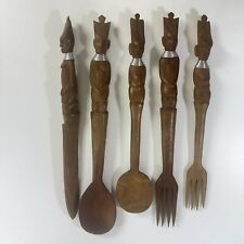 Vtg Polynesian Large Solid Wood Carved Facial Heads Salad Spoon Fork Kitchen 15