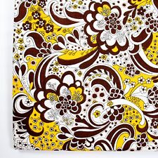 Vtg Cotton Fabric Funky Flower Power Yellow Brown Floral 1970s Groovy Paisley picture