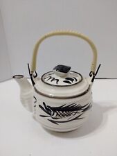 Vtg Japanese Teapot  hand painted Fish porcelain ribbed Brown picture