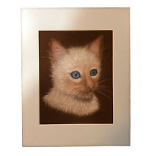 Vintage Cat Pastel Chalk Drawing White Siamese Kitten 8 x 10 Original Art picture