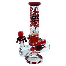 Cheech Bong Octopus Design Bowl Glass Waterpipe 10inch Tall heavy Duty Red picture