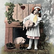 Antique Postcard Adorable Sweet Little Girl With Piglet Pig Merry Christmas picture