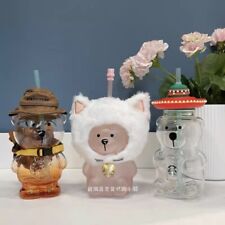 Starbucks China Cute Bear Glass Milk Coffee Cup Straw Cup Limited Edition 16oz picture