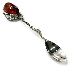 925 Solid Sterling Silver Natural Cognac Baltic Amber Floral Design Nice Spoon picture