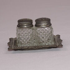 Vintage Unbranded Mini Cut Clear Glass Salt Pepper Shakers W/Silver Plated Tray  picture