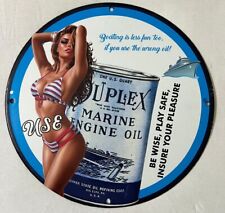 DUPLEX MARINE ENGINE OIL BEACH NAKED PINUP BABE GAS OIL GARAGE PORCELAIN SIGN. picture