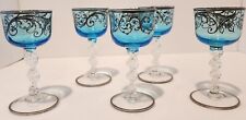 Venetian Italian Hand Blown Sky Blue Aqua Cordial Glasses With Silver Overlay picture
