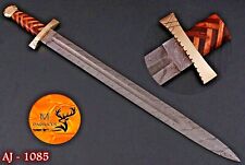 CUSTOM HANDMADE FORGED DAMASCUS STEEL DOUBLE EDGE FIXED BLADE VIKING SWORD- 1085 picture