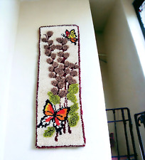 VTG Butterfly Floral LATCH HOOK RUG WALL HANGING 1970s Boho MCM 48 