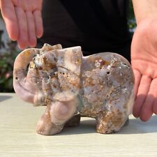 3.1LB 5.7'' Natural Flower Agate Elephant Statue Quartz Healing Crystal Decor picture