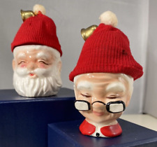 VTG Japan Mr & Mrs Claus Ceramic Egg Cup Holders w/2 Red Fabric Bell Hats PHOTOS picture
