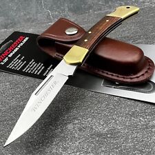 Winchester Brown Wood Handles Folding Lockback Pocket Knife with Leather Sheath picture