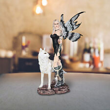 Sculpture Gothic Black Fairy with Wolf and Dream Catcher Statue 22.25