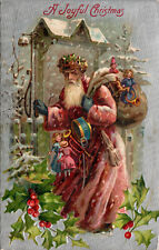 Vtg 1910s A Joyful Christmas St Nicholas Santa Bag of Toys Silver Gilt Postcard picture