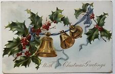 Antique Christmas Greetings Holly Bells Tuck Vintage Postcard c1907 picture
