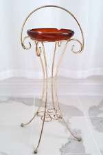 Mid Century Modern Ashtray Stand Amber Glass w/ Gold Tone Metal Frame picture
