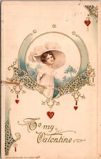 1913 Winsch Valentine Postcard Young Victorian Girl Large Feathered Hat Hearts picture