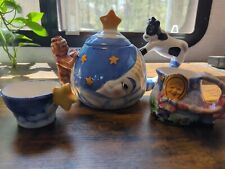 VTG Hand Painted Cow Jumped Over The Moon Tea Set, Teapot Sugar & Creamer 2 Cups picture