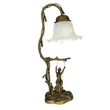 Vintage Art Nouveau Bronze Girl On A Swing Table Lamp Tulip Lampshade RARE picture