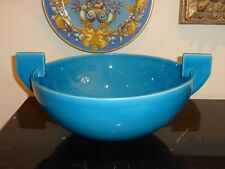 Vintage Huge Turquoise Blue Crackle Glaze Bowl with Modern Handles 16 5/8