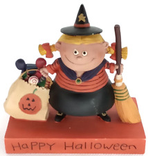 Halloween Witch Girl & Broom Blossom Bucket Figurine Rare Vintage Holiday Decor picture