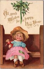 Vintage HAPPY NEW YEAR Postcard Girl under Mistletoe / Artist-Signed CLAPSADDLE picture