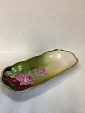 Antique Prussia Celery Dish Oval Hand Painted Roses And Gold Trimmed 9” picture