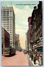 1914 State Street Looking North Downtown Crowd Trolley Chicago Illinois Postcard picture