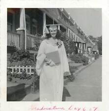 vintage SNAPSHOT Young Woman Graduation 1957 Cap and Gown City Townhouse Rowhome picture