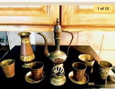 ANTIQUE BRASS TEA SERVICE SET W/ CALLING BELL,INDIA-ETCHED 11 PIECES 1930’s picture