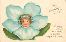Vintage Postcard Happy Birthday Face in Flower Fantasy Blue Pansy 3410 Nister picture