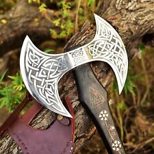 27” Handmade Medieval Warrior Double Headed Battle Axe With Leather Sheath picture