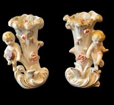 Antique Camille Naudot French Porcelain Bud Vases with Cherub Pair Vintage picture
