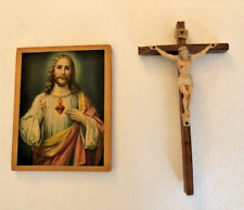 Lot of 2 -1940's Vintage Wooden/Resin Crucifix & Wooden Jesus Christ Plaque picture
