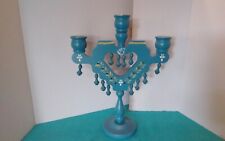Vintage Sweden BLUE Candelabra 3 Candle Candlestick Holder Swedish Wood Folk Art picture