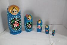 Hand painted Matryoshka Russian Nesting Doll 7” W/ 5 Dolls Blue Floral picture