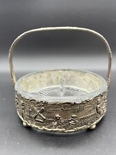 Antique Holland Ware Silver plate  Glass Divided Dish Insert 4 Footed W/handle picture