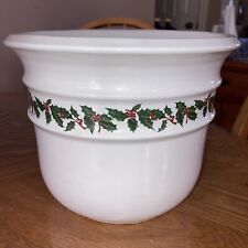 Zanesville Ohio Stoneware Pottery Christmas Crock Holly Berry Vintage/8”diam/ 7” picture