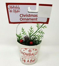 Mini Metal Pail Christmas Ornament Snow Balls Evergreens Bucket Pail 4 1/2 in picture