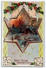 1912 New Year Greetings Star Holly Winter Snow Gel Gold Gilt Antique Postcard picture