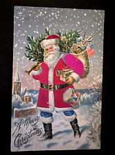 Patriotic SILK Santa Claus~with USA  Flag~Toys~Tree~1909 Postcard-h849 picture